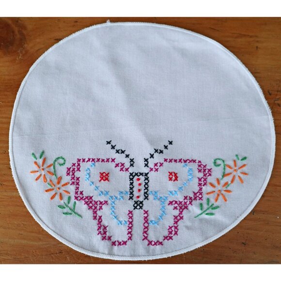 2 Vintage Doily Doilies Hand Embroidered ButterflyTable Topper Cotton - Picture 2 of 4